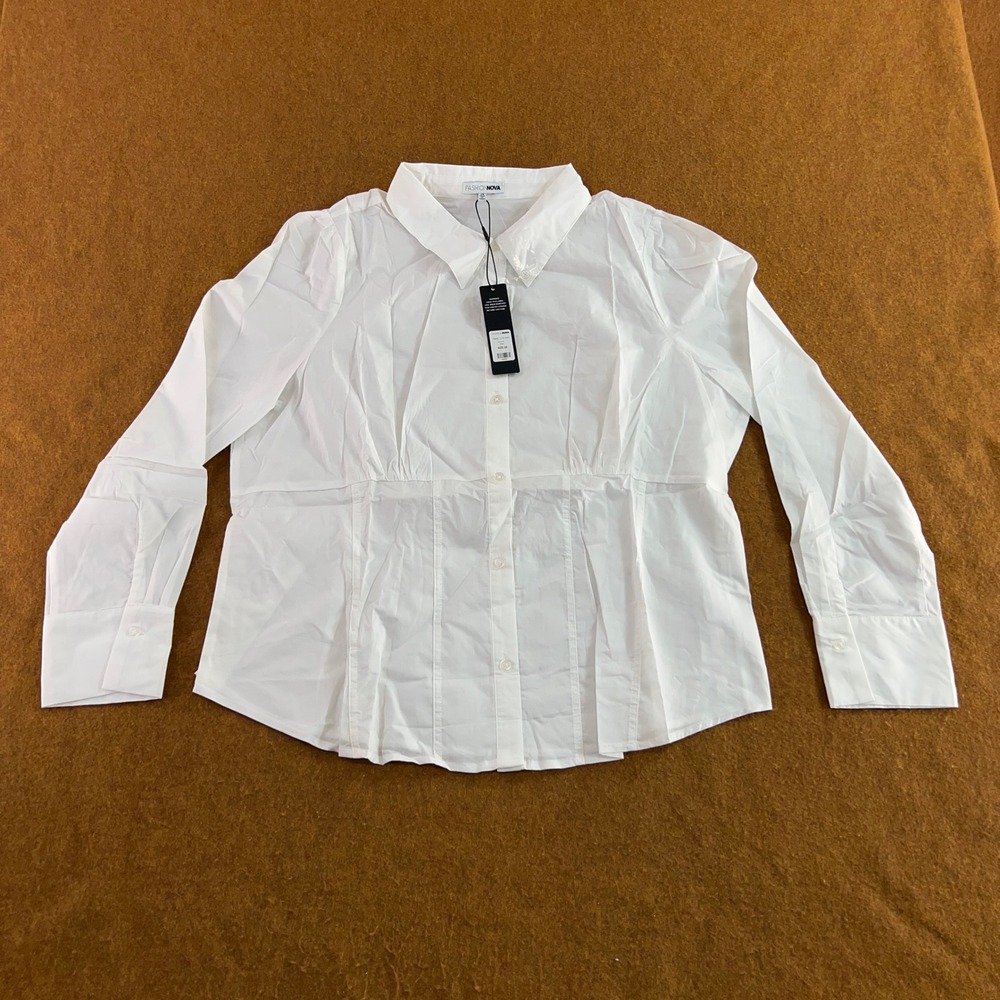 Fashion Nova Women 2X White Ready To Go Long Sleeve Button Down Shirt NWT